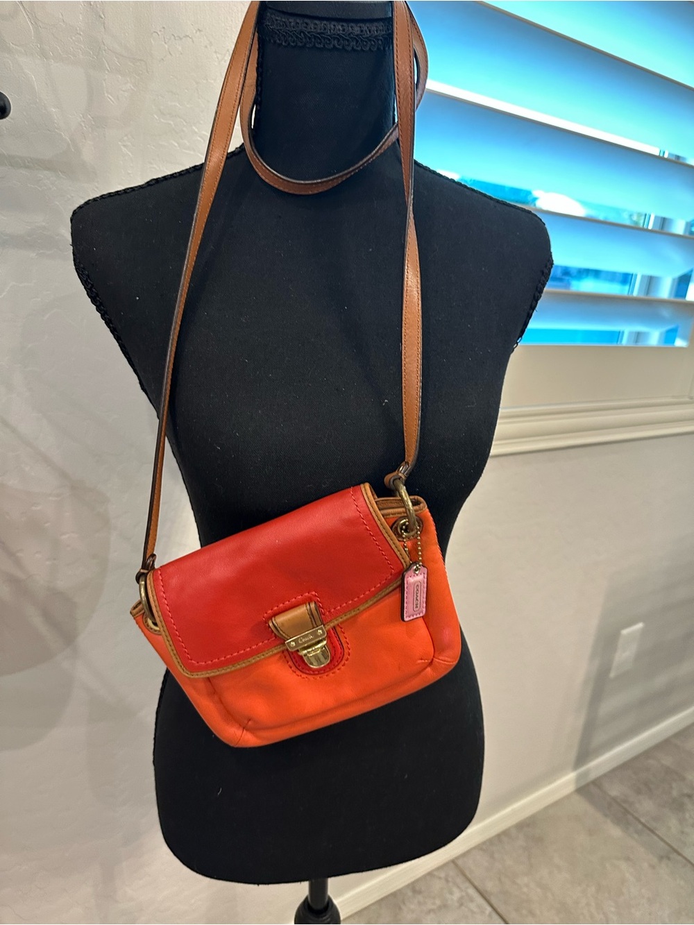 Coach Colorblock FlapTwo-Tone Red and Orange Leather Crossbody - Picture 4 of 15